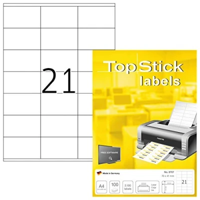 Image of TopStick Self Adhesive Address Labels, 21 Labels per A4 Sheet, 100 Sheets, 70 x 41 mm, 2100 Blank Mailing Stickers, Sticky for Laser &amp; Inkjet Printer, White
