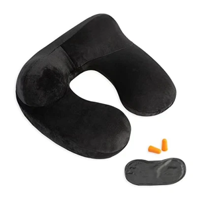 Image of Inflatable Travel Pillow 100% Soft Velvet Neck Support for Traveling, Airplanes, Trains, Cars, and Offices with Compact Carrying Bag, Breathable Washable Cover, Ideal Adult Sleepers Black