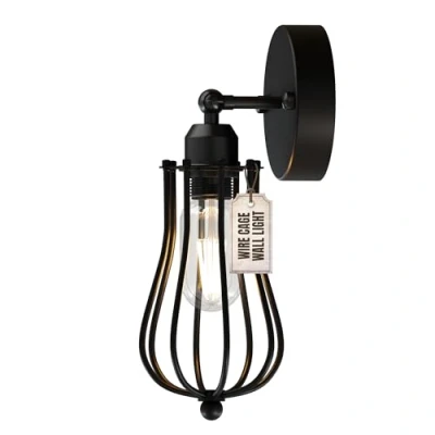 Image of DC Voltage Black Wall Lights Industrial with E27 Socket Adjustable Wire Cage Shade Kitchen Metal Sconce for Indoor Home Living Room Bedroom Hallway Shop