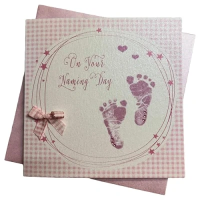 Image of WHITE COTTON CARDS Pink Footprints Handmade Naming Day Card, White, BD69