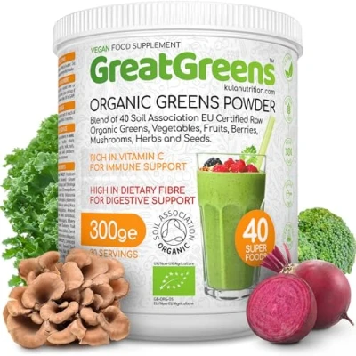 Image of GreatGreens Organic Super Greens Powder Large 300g Blend 35 Raw Superfoods Greens, Vegetables, Fruits, Berries, Sprouts and Mushrooms High Fibre Vegan Daily Juice Smoothie Drink 30 Servings