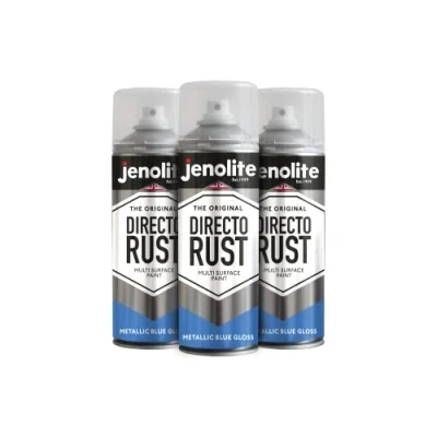 Image of JENOLITE Directorust Metallic Gloss Spray Paint BLUE 3x400ml Multi Surface Gold for Metal, Wood, Plastic All In_OnePrimer, Undercoat and Topcoat Interior &amp; Exterior