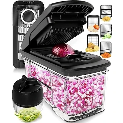 Image of Vegetable Chopper Cutter Mandoline Slicer Veggie Onion Salad Food Manual Potato Chipper Veg and Dicer Kitchen Tools &amp; Gadgets (All in 1 Steel Black)