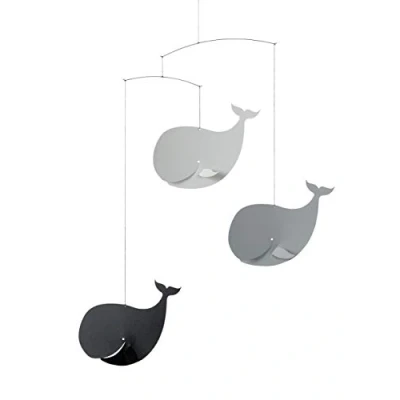 Image of Flensted Mobiles Happy Whales, Greyscale Mobile, Steel, Black/GU, 54 x 45 cm