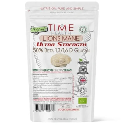 Image of Lions Mane Organic Ultra Strength 50% Beta 1,3/1,6 D Glucan (Hericium Erinaceus ‎) (60 Capsule Pouch)