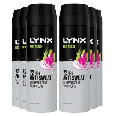 Image of Lynx Anti Perspirant Epic Fresh 72 Hour Sweat &amp; Odour Protection Deodorant Spray for Men with Unique Scent of Grapefruit and Tropical Pineapple, 200ml Pack 6