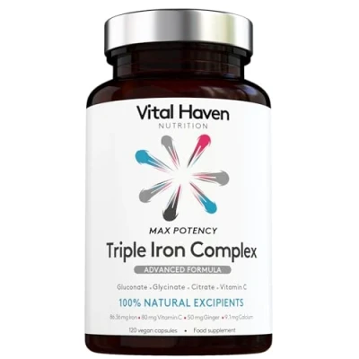 Image of Complex Triple Action Formula Iron Glycinate + Citrate Gluconate and Non Acid Vitamin C with Ginger for Maximum Absorption Max Potency Premium Ingredients Vegan Made in The UK