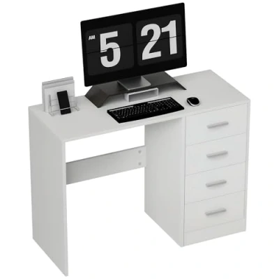 Image of HOMCOM Computer Desk with Drawers, Dressing Table, High Gloss Home Office Writing Workstation, White
