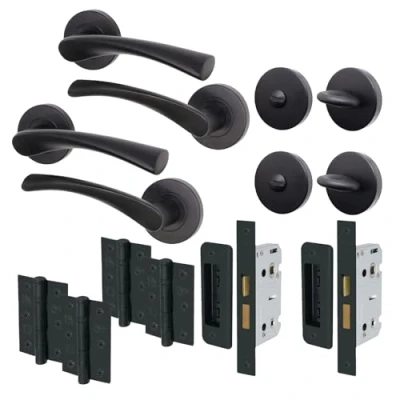 Image of EAI Black Bathroom Door Handle Set Pack of 2 Round Internal Handles, Thumb Turn &amp; Release Set, Lock Hinges (76mm) Matt Novoli Range