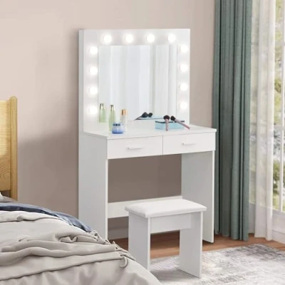 Image of CLIPOP Dressing Table with LED Lights Mirror, White Makeup Vanity 2 Storage Drawer and Cushioned Stool for Women Girl Dresser Bedroom Furniture