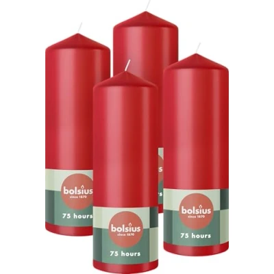 Image of Bolsius Pillar Candles Red 4 Pack 20 x 7 cm Decorative Household Long Burning Time of 75 Hours Unscented Includes Natural Vegan Wax Without Palm Oil