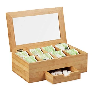 Image of Relaxdays 10027481 Bamboo Tea Storage Box, Lid with Window, 8 Compartments, Chest Drawer, HxWxD 11x33x20 cm, Natural, Acrylic