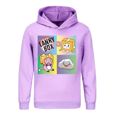 Image of LANKYBOX Boys Hoodies Kids Cotton Hoodie Foxy and Boxy Prints Children&#039;s Pullover Sweatshirt Graphic Outfits (UK, Age, 9 Years, 10 Regular, Purple)
