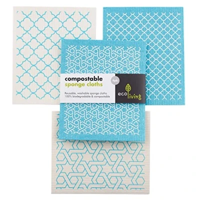 Image of ecoLiving Compostable Sponge Cleaning Cloths Dishcloth Eco Friendly &amp; Sustainable Biodegradable Cellulose Kitchen Cloth (Moroccan)