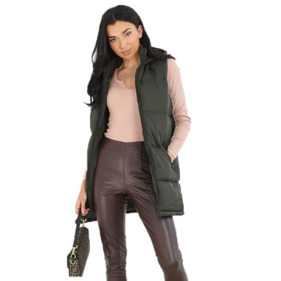 Image of Brave Soul Womens Khaki &#039;Cello&#039; Longline Hooded Puffer Gilet Size 8 UK