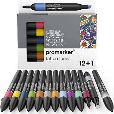 Image of Winsor &amp; Newton ProMarker, Tattoo Tones, Set of 12 + Free Blender, Alcohol Based Dual Tip Markers for Artists