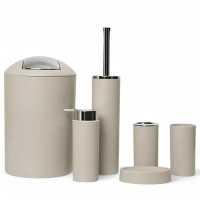 Image of GMMH 6 Piece bathroom accessory set, soap dispenser, holder, toilet brush, beige, design 2a