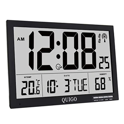 Image of QUIGO Large Digital Wall Clock Radio Controlled Temperature Humidity Alarm Battery Operated Office Living Room Bedroom Desk Black…