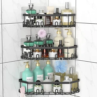 Image of STEUGO Corner Shower Caddy, Organizer with 12 Hooks,3 Pack Adhesive Stainless Steel Shelves for Bathroom Storage,No Drilling Wall Mounted Rack(Matte Black)