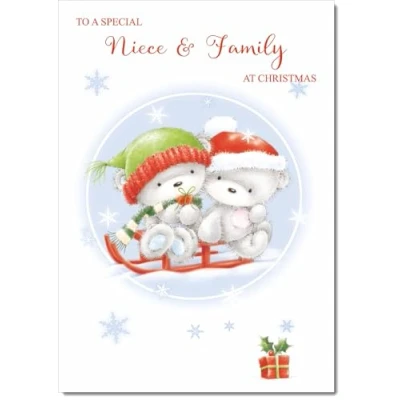 Image of doodlecards Niece and Family Christmas Card Cute Bears on Sled Medium Size for &amp; with Plain Envelope