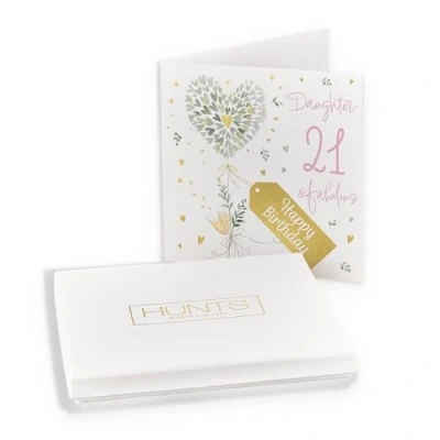 Image of Hunts England Luxury Boxed 21st Daughter Contemporary Hearts Birthday Card Gold Foil Milo&#039;s Age 21 Champagne, Pretty For Twenty One In Keepsake Box