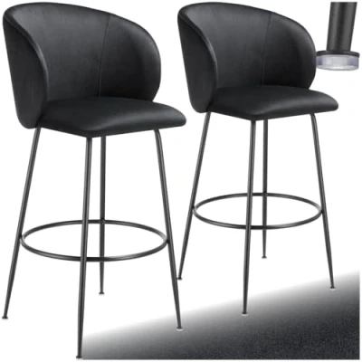 Image of TecTake® Set of 2 Bar Stools with Velvet Look Covers, Padded Stool Curved Backrests, Footrests &amp; Stable Steel Legs, Easy Assembly, Ideal as Dining Kitchen Island Black
