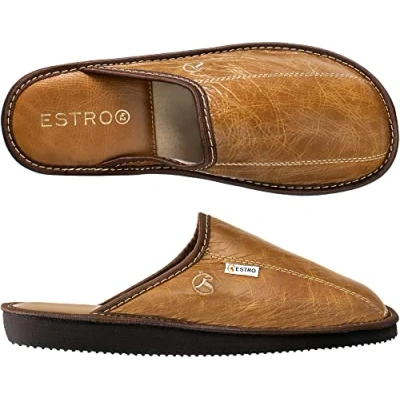 Image of ESTRO Mens Slippers Men House Shoes Leather Home Mule Men&#039;s Slipper Memory Sole RUST (11 UK, Camel)