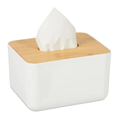 Image of Relaxdays Tissue Box Cover with Bamboo Top, Baby Wipe Dispenser, Kitchen Napkin Holder, Bathroom, 10 x 23 13 cm, PP, White Brown, 1 Item