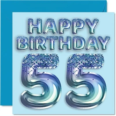 Image of 55th Birthday Card for Men Blue Glitter Party Balloon Happy Cards 55 Year Old Man Uncle Grandad Dad Grandpa Gran, 145mm x Fifty Five Fifth Bday Greeting Gift