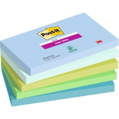 Image of Post it Super Sticky Notes, Oasis Color Collection, Pack of 5 Pads, 76 mm x 127 mm, 90 Sheets per Pad, Blue, Green Extra Notes for Walls, Monitors and Fridge