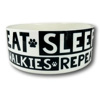 Image of Eat Sleep Walkies Repeat Pet bowl Personalised Name dog New present puppy animal Ceramic Accessories (Large)