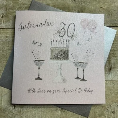 Image of Happy 30th Birthday Card Sister in Law Champagne Glasses Pink Roses by White Cotton Cards SS42 SIL30,16cm x 16cm