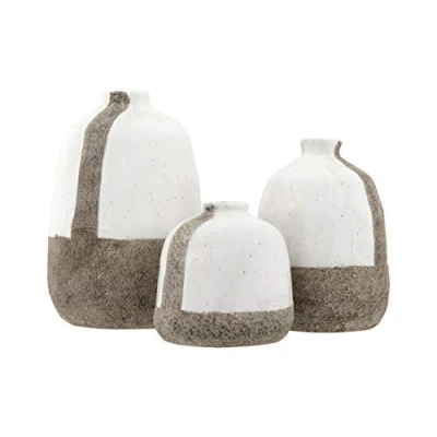 Image of Creative Co Op White &amp; Grey Terracotta Vases with Vertical Stripe
