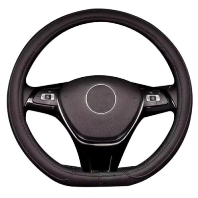 Image of Pahajim D Shape Leather Car Steering Wheel Covers Universal 15 inch/38CM Flat Bottom Protector Breathable Anti slip for Auto/Truck/SUV/Van (Black)