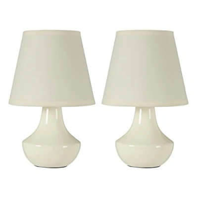 Image of Premier Housewares 2501191 Ceramic Bedside Lamp Set of 2, Cream, H28 x W18 D18cm