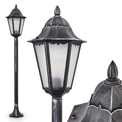 Image of hofstein Outdoor lamp Lignac Frost, Path Light in Antique Look, cast Aluminium Black/Silver with Frosted Glass panes, Floor 118 cm, Retro/Vintage Garden lamp, E27 socket, IP44, Without Bulbs