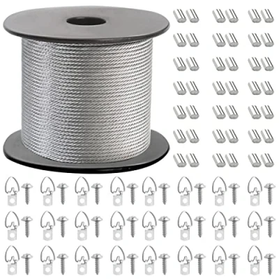 Image of Picture Hanging Wire Kit Braided Stainless Steel Spool 1.5 mm x 100 Feet with 30 Pcs D Ring Hangers and Screws Crimp Tube Scientific Ratio. Supports up to 110 lbs