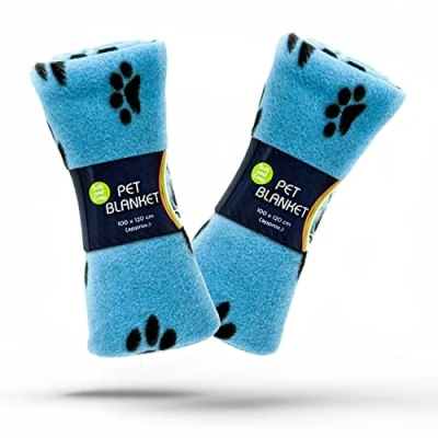Image of 2 X Dog Blankets Washable With Paw Prints Blanket Cat Soft Warm Fleece Animals Pet Puppy Bed Travel Pack (Blue, 100cm 120cm (Pack of 2))