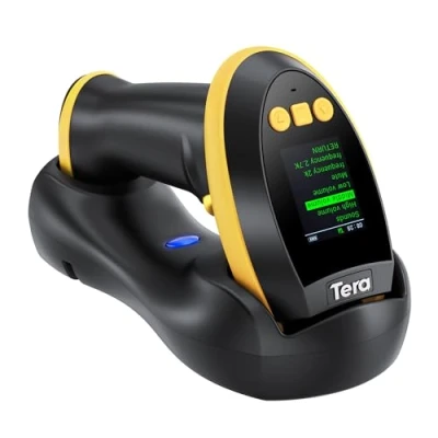 Image of Tera 2D Wireless Barcode Scanner: with Digital Setting Screen &amp; Keypad, Works Bluetooth 2.4G USB Wired 1D QR Handheld Image Bar Code Reader Cradle for Warehouse HW0009 Yellow