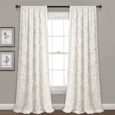 Image of Lush Decor, White Ruffle Diamond Curtains Textured Window Panel Set for Living, Dining Room, Bedroom (Pair), 84 x 54, 2 Count