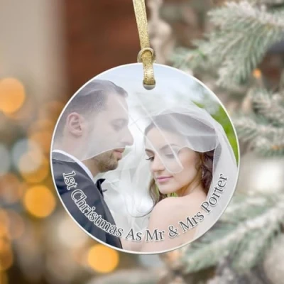 Image of GuteGifts Personalised Photo Bauble First Christmas as Mr and Mrs 2022 Ceramic Ornament Gift for Couples Wife Husband Xmas Tree Decor Married 1st Wedding Keepsake Him/Her, White