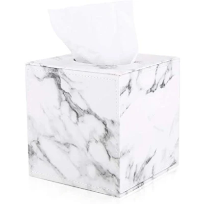 Image of GORESE Marble Tissue Box Holder Leather Cube Square Cover Holder,Household Office Case Paper Napkin Desk Organizer(White Marble)