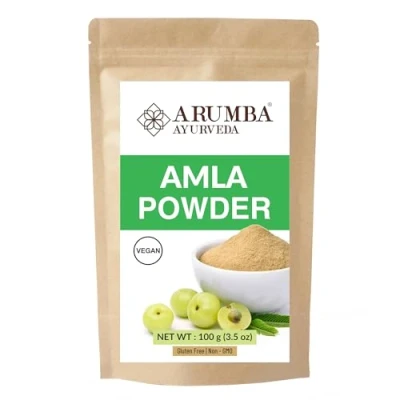 Image of Arumba Ayurveda Amla Powder (Phyllanthus emblica), Indian Gooseberry Powder, Rich in Vitamin C, Vegan, Non GMO, For Hair and Face Mask, Smoothie Drinks 100 grams