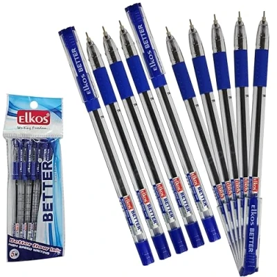 Image of ELKOS BLUE Ballpoint Pens, 0.7mm Fine Point, Pack of 10, Better Ball Smooth Writing, Soft Grip, School Office Home Use, ZOFAX Black Pen