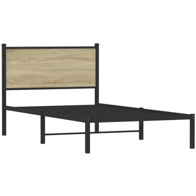Image of vidaXL Metal Bed Frame with Headboard Sonoma Oak &amp; Black Iron, Stable Slatted Base for Bedroom 100x200 cm