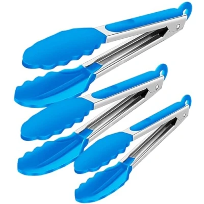 Image of Silicone Kitchen Cooking Tongs Salad Serving BBQ Stainless Steel Handle Utensil (Blue)
