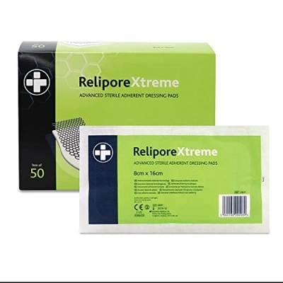 Image of Reliance Medical Sterile Relipore Xtreme Adhesive Dressing Pads for High Exudate Wounds with Unique Absorbency Technology, 16 cm x 8 cm, Box of 50