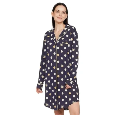Image of EX M&amp;S Women Soft Nighties V Neck Button Down Nightdress Classic Boyfriend Style Sleepshirt Relaxed Nightshirt Sleepwear (Navy, M)
