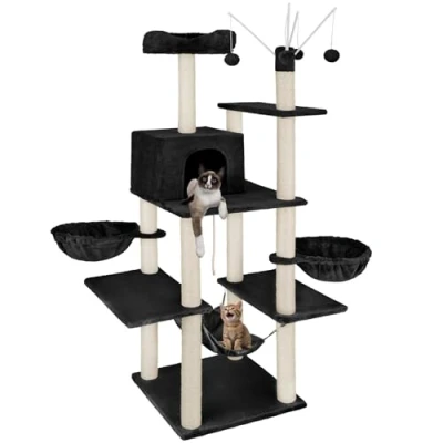 Image of tectake® Multi Level Cat Tree with Sisal Scratching Posts, Plush Cover, 2 Cosy Beds, Hammock, Cave &amp; Top Perch 165cm Tower Play Rope, Toy Balls, Anti Tip Protection Black
