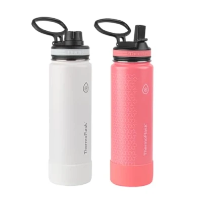 Image of ThermoFlask Bottles with Chug Lid &amp; Straw Insulated Stainless Steel Water Bottle Leak Proof Lids Dishwasher Safe 2 Bottles, 1 24 oz, White/Coral